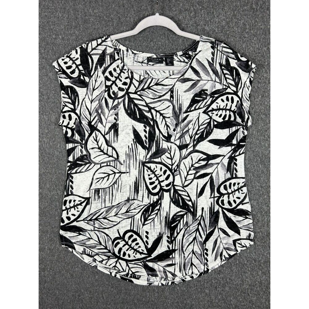 Tahari 100% Linen Tropical Palm Leaf Print Cap Sleeve Top - Size L